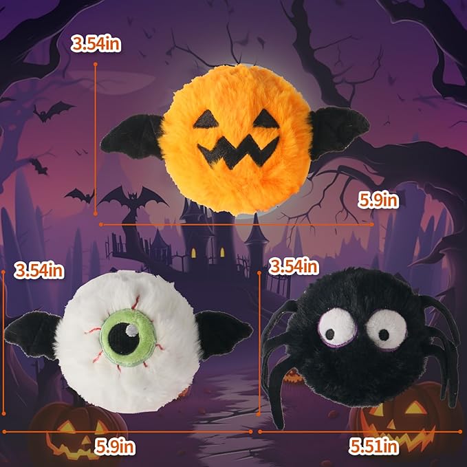 DKING 3Pack Squeaky Dog Balls,2 in1 Funny Puppy Ball Toys,Birthday Dog Toy for Small Medium Dogs (Halloween Ball)-PawvioPets