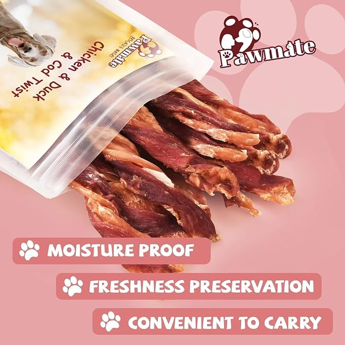 Dog Jerky Treats Triple Flavor Chicken Duck Wrapped Cod Twisted Sticks 5'', Rawhide Free Grain Free Dog Training Snacks Chews for Small Medium Large Dogs, 10.6 oz-PawvioPets