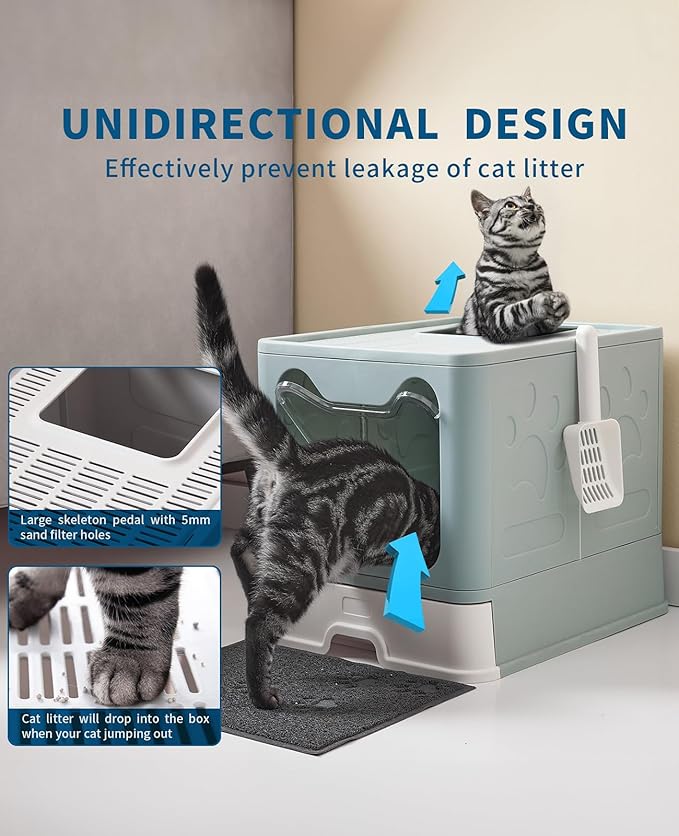 Cat Litter Box with Litter Mat and Scoop, Large Foldable Litter Box with Lid, Front Entry Top Exit Kitty Box, Odor Control, Easy to Clean (Blue)-PawvioPets