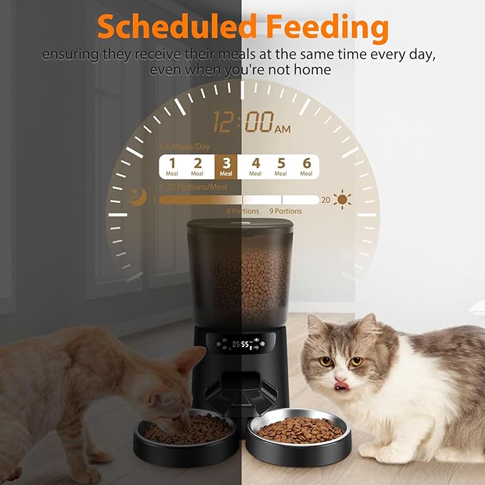 Automatic Cat Feeders for Two Cats, 5L/20 Cups Double Automatic Cat Food Dispenser with 2 Stainless Bowls, Timer Setting 20 Portions 6 Meals Per Day, 10s Meal Call, Pet Feeder for Dog (Black)-PawvioPets