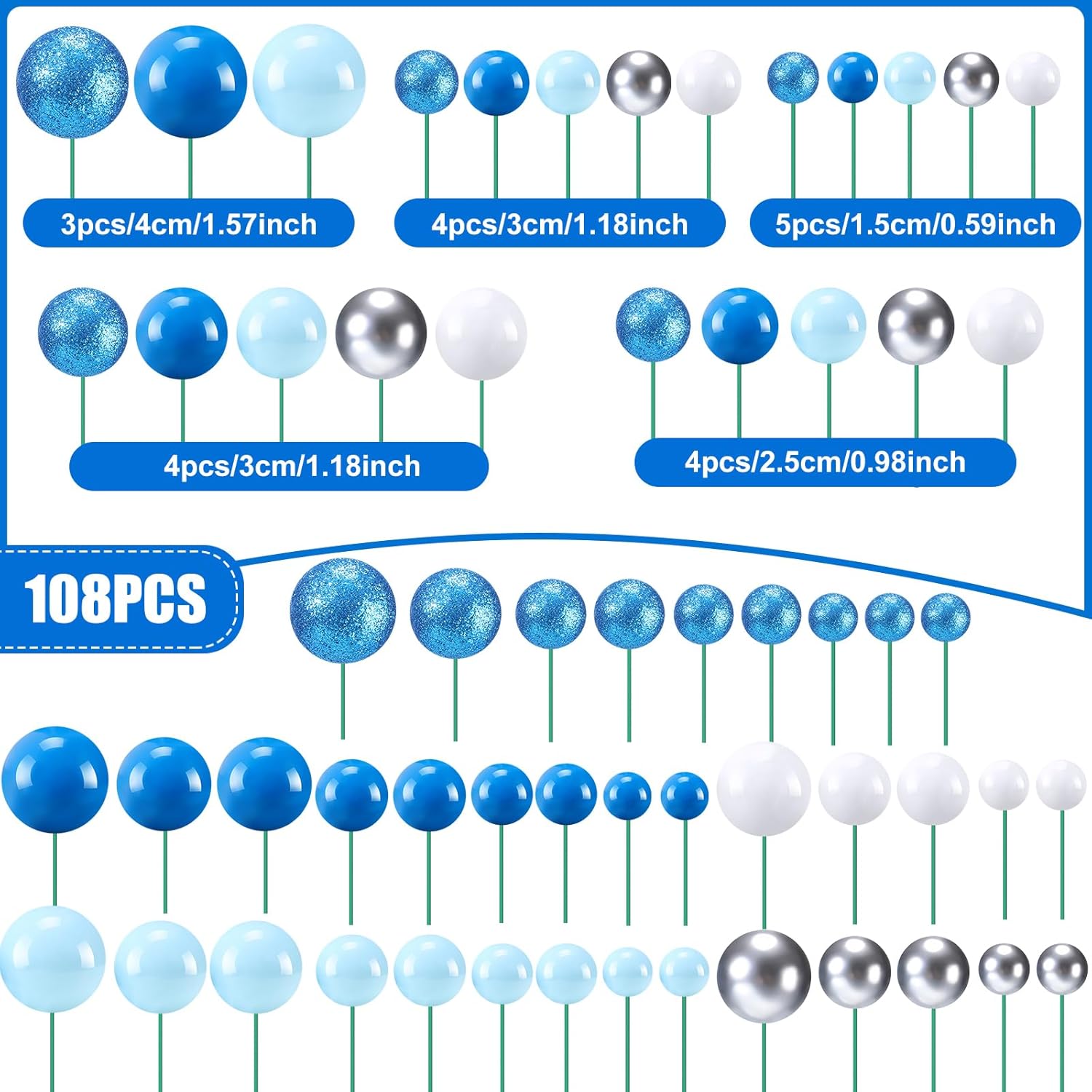 Tondiamo 108 Pcs Balls Cake Topper DIY Cupcake Insert Foam Balloons for Cake Baking Wedding Anniversary Birthday Decoration (Blue White Silver,Multi Sizes)