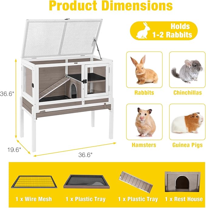 Aivituvin 2-Story Rabbit Hutch with Anti-Chew Ramp & Zinc Sheet - 36.6" Indoor Guinea Pig Cage, Wooden Stand, Pull-Out Tray & Leakproof Floor (Brown)-PawvioPets