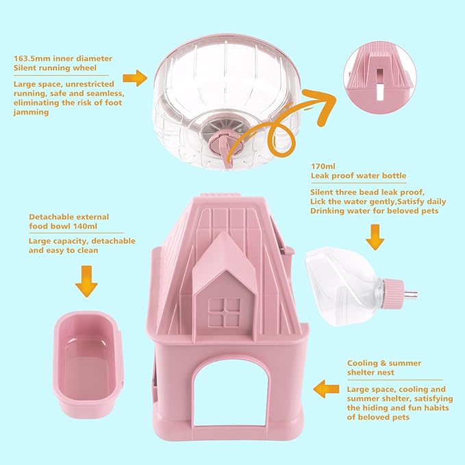 4 in 1 Silent Large Hamster Wheel Multifunctional Hamster Running Wheel Quite Running Spinner Wheel Accessories with Food Bowl Water Bottle for Hamsters Dwarf Gerbil (Pink)-PawvioPets