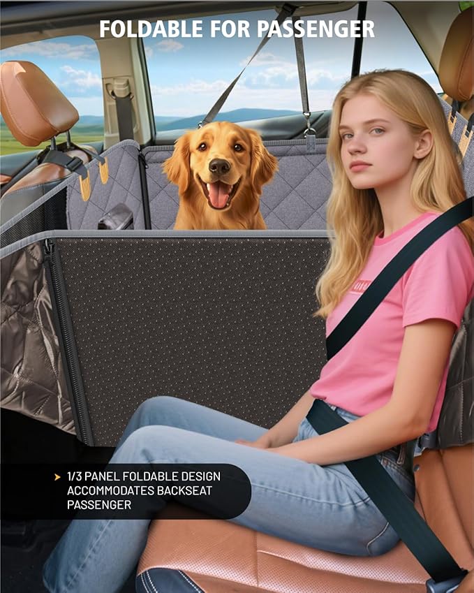 Back Seat Extender for Dog, Waterproof Dog Car Seat Cover for Back Seat, Hard Bottom Car Seat Cover, Large-Space Hammock for Car Truck SUV, Pet Seat Cover Holds 450lbs(Grey)-PawvioPets