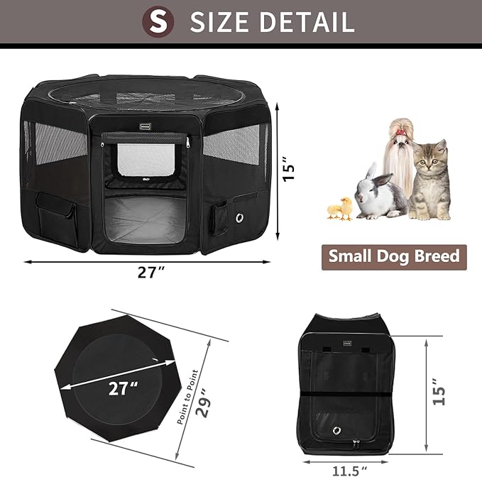 DONORO Dog Playpen Portable Pet Play Pens for Small Dog/Cat/Rabbit/Chicks, Cat Playpen Indoor/Outdoor with Carring Case, Removable Zipper Top and Bottom (Black, Small (29"x29"x15"), 8)-PawvioPets