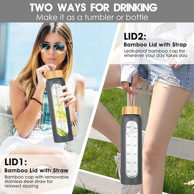 32 oz Glass Water Bottle with Straw - Motivational Time Marker & Silicone Sleeve - Reusable Tumbler Includes 2 Bamboo Lids & Fruit Infuser - 1 Pack-PawvioPets