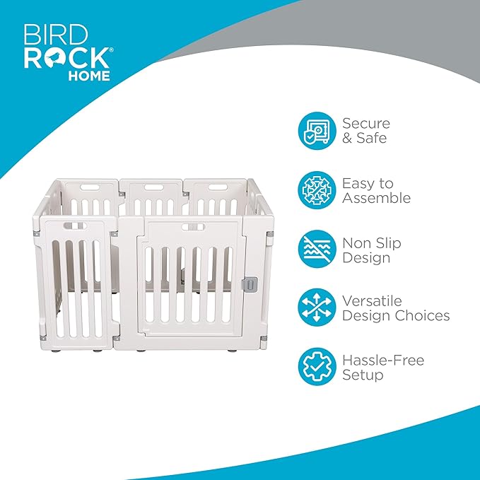 BIRDROCK HOME Dog Playpen w/Door, 8 Panel, 25.6in H | Strong Plastic, Non-Slip Puppy Playpen, Secure Pet Gate | Indoor Outdoor Fence | Configurable Panels | Small Pets - White-PawvioPets