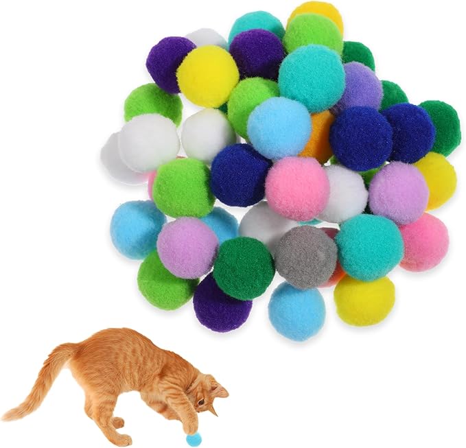 50 Picecs 1 Inch Cat Toys Balls Kitten Cat Pom Pom Balls Soft Cats Puff Ball Toys Rolling Interactive Fuzzy Cats Toy Ball Play Toy for Exercise, Creative Crafts Decorations Assorted Color-PawvioPets