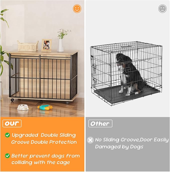 43.7" Dog Crate Furniture, XL Dog Crate Dog Kennel Indoor with Wheels for Large Medium Small Dogs, Wooden Dog Kennel End Table with Sliding Door Wooden Furniture Crates for Living Room, Bedroom-PawvioPets