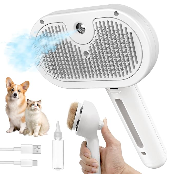 3 In 1 Self Cleaning Steamy Pet Brush - Anti-Static, Grooming Tool for Long and Short Hair Pets, Removes Loose Hair and Reduces Shedding, White-PawvioPets