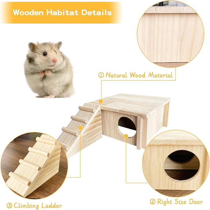 Fhiny Wooden Hamster Hideout for Small Animal, Gerbils Chamber Hut with Ladder Habitats Decor, Maze Climbing Toys for Dwarf Syrian Hamsters Mice and Other Small Pets-PawvioPets