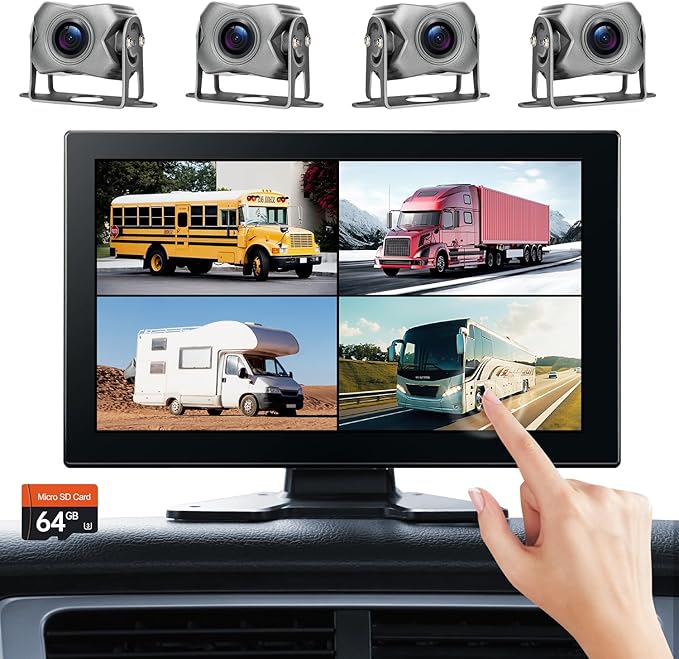 4-Channel 1080P Backup Camera for Truck/RV/Semi Trailer/Van/Cars 10.2inch Touch Monitor with DVR Recording/Playback/Bluetooth/FM Radio/Music/Video Player-PawvioPets