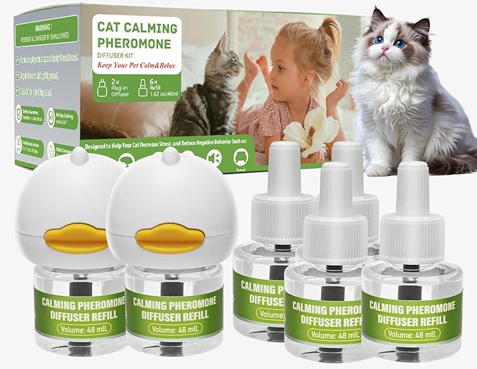 Calming Diffuser Kit for Cat, Cat Pheromone Calming Diffuser Starter Helps Ruduce Anxious, Anti-Stress & Comforts Cats (2 Diffuser + 6 Refills)-PawvioPets