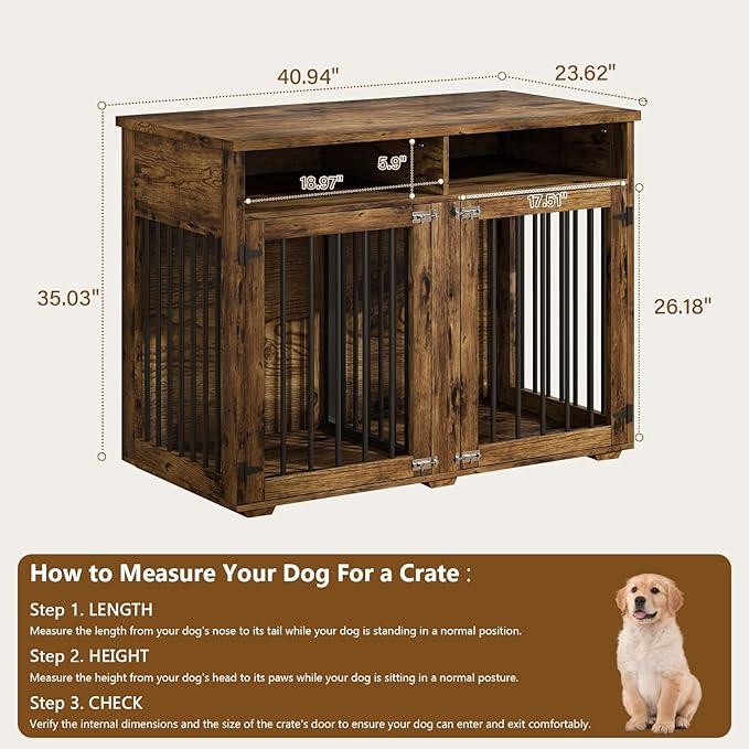 Furniture Dog Crate for 2 Dogs, 41 Inch Dog Kennel Furniture with Removable Divider and Shelf Storage, Wooden Dog Crate for Small/Medium Dogs, Rustic Brown-PawvioPets
