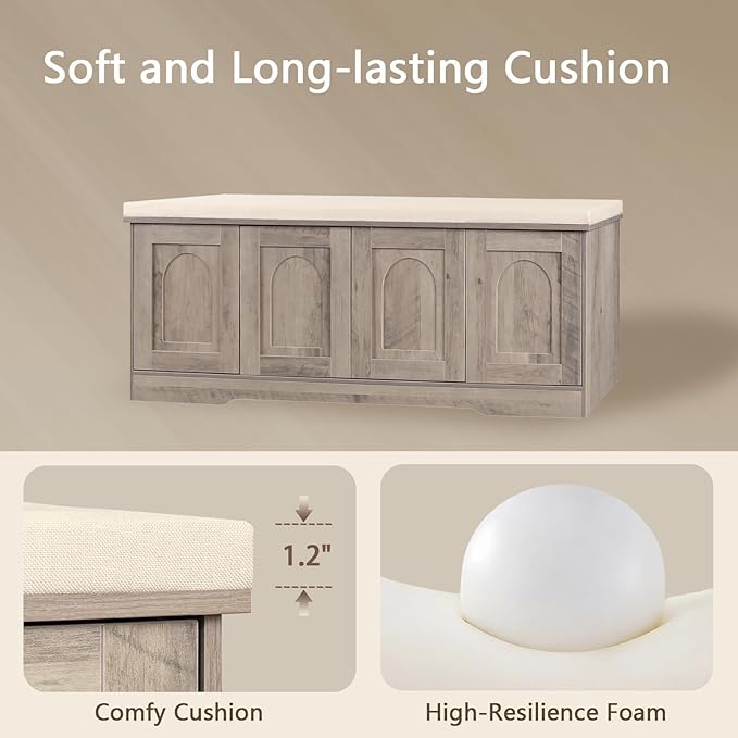 DINZI LVJ Shoe Bench, Entryway Storage Bench with Doors, Cushion, 2-Tier Shoe Rack with 8-Cubby, 47.2”L x 13.8”W Shoe Organizer Cabinet, Adjustable Shelf, Living Room, Bedroom, Greige-PawvioPets