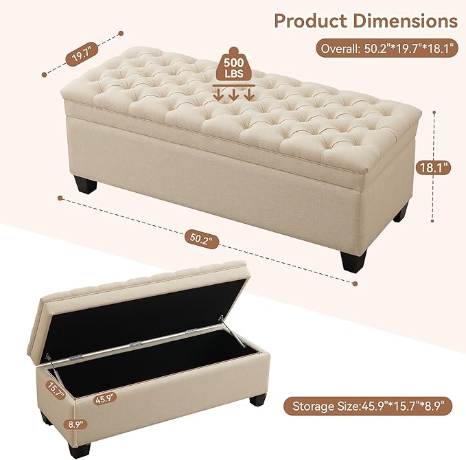 51" Fabric Storage Ottoman Bench, Upholstered Rectangle End of Bed Storage Ottoman Tufted Living Room Bedroom Bench with Safety Hinge, Solid Wood Legs, Loads 500 lb(Khaki)-PawvioPets