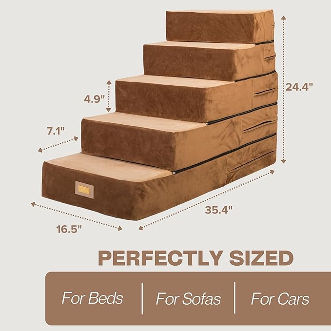 All-in-One Adjustable Dog Stairs – 5-Step Premium Pet Ramp for Small to Large Dogs – Sturdy, Non-Slip & Versatile for Beds, Sofas & More - Soft Cover, Modern Design (Brown)-PawvioPets