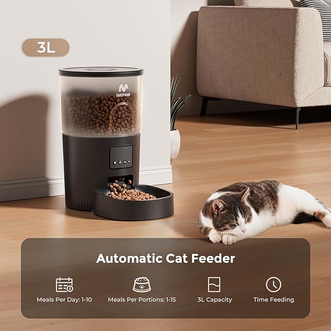 Automatic Cat Feeder - 3L Pet Dry Food Dispenser with Timed Programmable Portion Control, Dual Power Backup, Easy Set Up, 10 Meals Per Day for Cats and Puppies, Black（Remote Not Supported）-PawvioPets