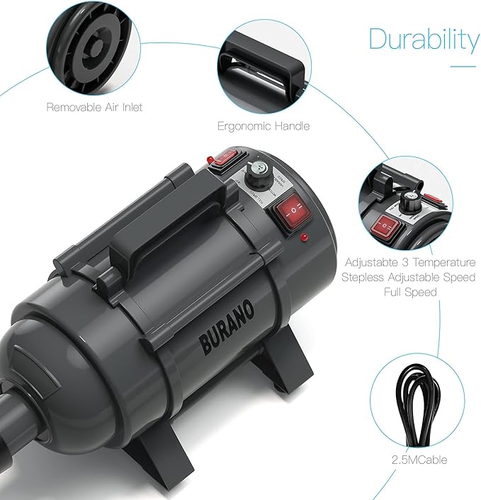 Burano High Velocity Dog Pet Stand Grooming Dog Dryer with 4.3HP Variable Dog Blow Dryer, Fluffy Dry-PawvioPets