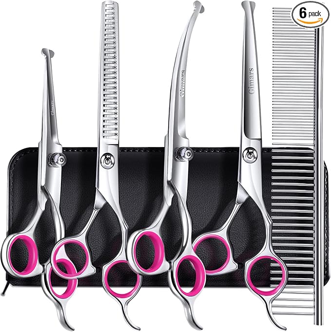 Gimars Professional 4CR Stainless Steel 6 in 1 Grooming Scissors for Dogs with Safety Round Tip, Heavy Duty Titanium Coated Pet Grooming Scissor for Dogs, Cats and Other Animals-PawvioPets