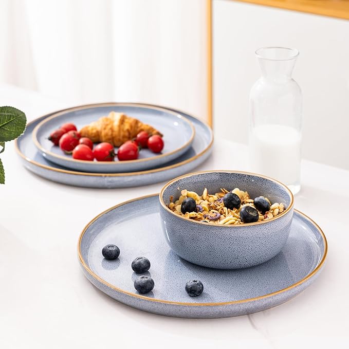 GBHOME Ceramic Dinnerware Sets for 8, 24 Pieces Stoneware Plates and Bowls Sets, Scratch Resistant Dishes, Dishwasher & Microwave Safe, Reactive Glaze-Brunnera Blue-PawvioPets