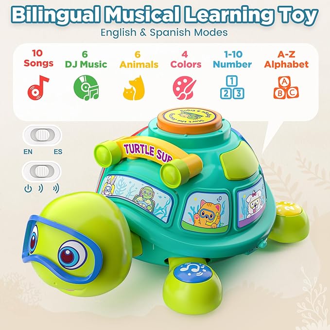 Educational Baby Toys 6-12 Month, Musical Crawling Turtle, Infant Toys for 6 7 8 9 10 Month Old Boy Girl, Christmas Bilingual Baby Gifts for 3-6-9-12 Months-PawvioPets