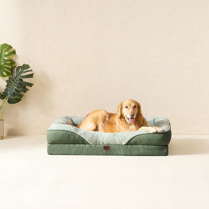 EHEYCIGA Memory Foam XXL Dog Bed for XLarge Sized, Extra Large Orthopedic Dog Sofa with Sides and Waterproof Liner, Washable Bolster Pet Couch with Removable Cover, 52x41x8 Inch, Green-PawvioPets