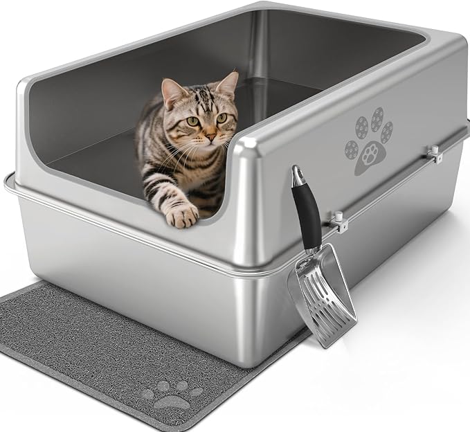 Enclosed Stainless Steel Cat Litter Box with Lid, Oversize Metal Litter Box for Multi Cats, XXXL Supersize Cat Toilet with High Side, Non-Stick, Anti-Leakage, Odorless, with Litter Mat & Litter Scoop-PawvioPets