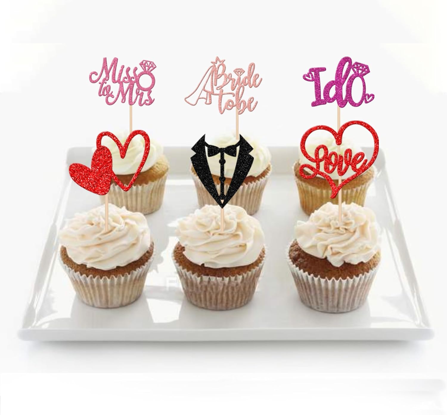 30 PCS He Asked She Said Yes Cupcake Toppers Glitter Engagement Cupcake Toppers Miss to Mrs I Do Love Heart Ring Miss to Mrs Cupcake Picks for Wedding Engagement Party Cake Decorations Supplies Multi