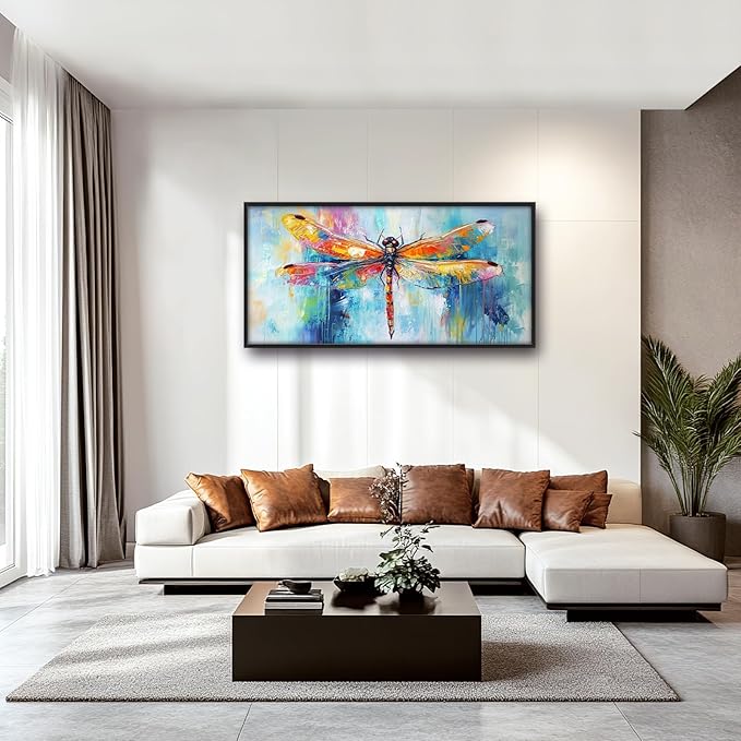 Extra Large Abstract Dragonfly Framed Wall Art for Living Room,Oversized Colorful Dragonfly Pictures Wall Decor,Teal Canvas Print Painting Modern Artwork Bedroom Office Bathroom 60L" x 30W"-PawvioPets