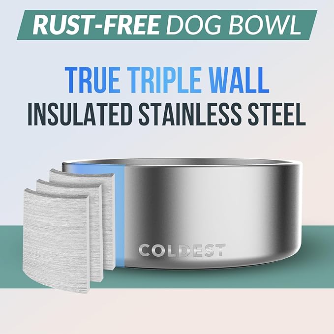 Coldest Dog Bowl - Anti Rust Metal, Non Slip, 3 Layers Insulated Stainless Steel Dog Bowls - Spill Proof & Heavy Duty - Water Bowl for Dogs, Cats, Dish Washer Safe (64 oz, Polished Stainless Steel)-PawvioPets