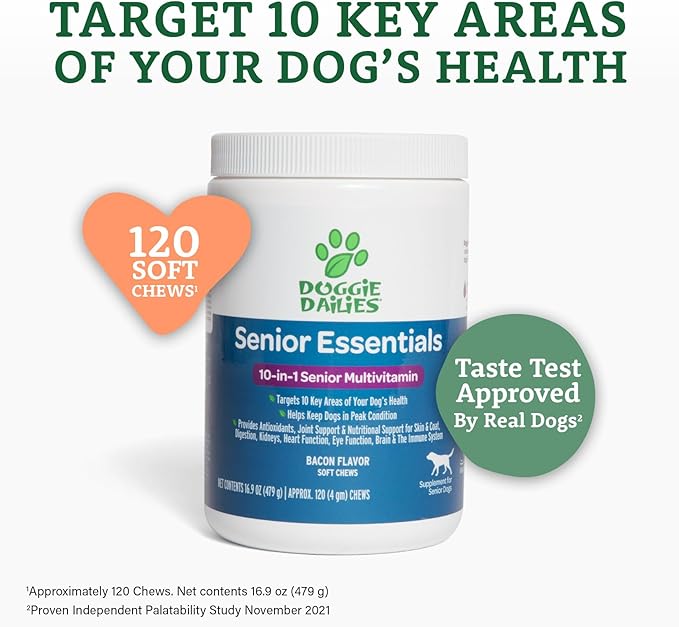 Doggie Dailies Senior Essentials Multivitamin for Dogs Soft Chews | Advanced Dog Multivitamin | Nutritional Support for Joints, Skin & Coat, Digestion, and the Immune System | Bacon Flavor | 120 Count-PawvioPets
