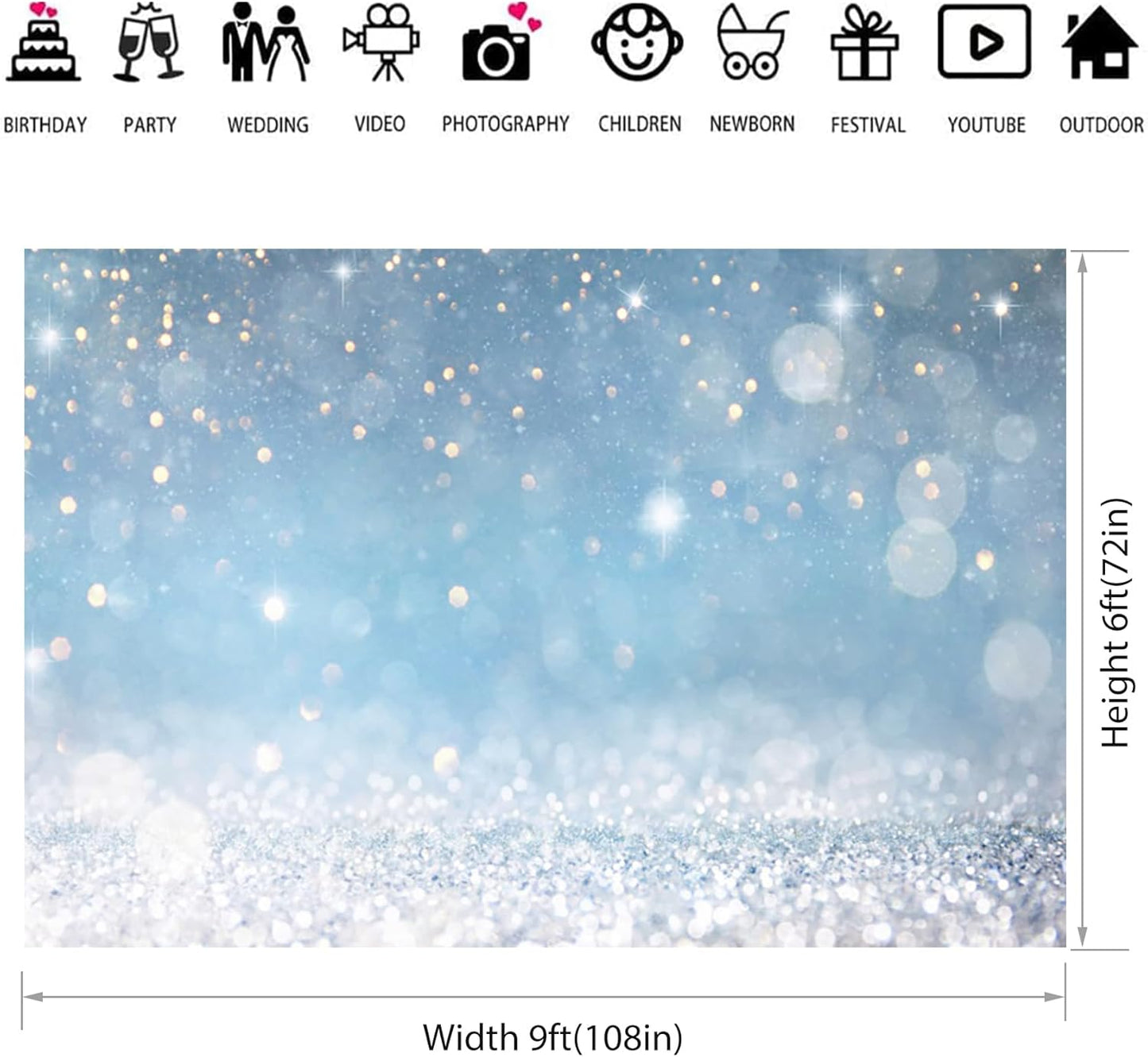 9x6ft Blue Bokeh (Not Glitter) Backdrops Birthday Party Abstract Golden Sparkling Spots Photography Background Baby Shower Wedding Prom Graduation Party Bokeh Decor Banner Photoshoot Props