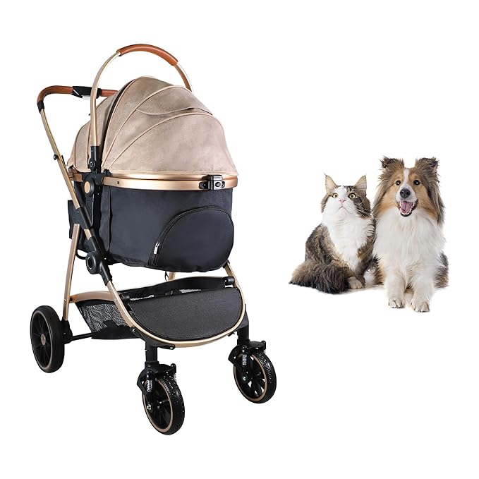 Dog Stroller for Small Medium Dogs, 3 in 1 Folding Pet Stroller Up to 33 lbs, 4 Wheels Pet Strolling Cart with Zipperless Entry, Cat Dog Travel Carrier with Cup Holder & Storage Basket-PawvioPets
