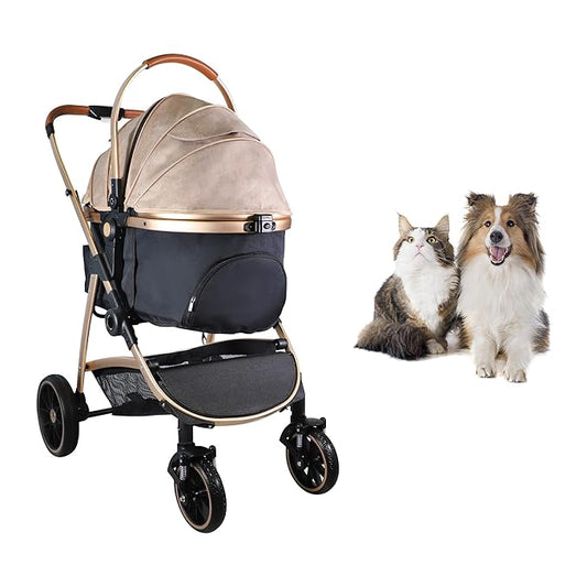 Dog Stroller for Small Medium Dogs, 3 in 1 Folding Pet Stroller Up to 33 lbs, 4 Wheels Pet Strolling Cart with Zipperless Entry, Cat Dog Travel Carrier with Cup Holder & Storage Basket-PawvioPets