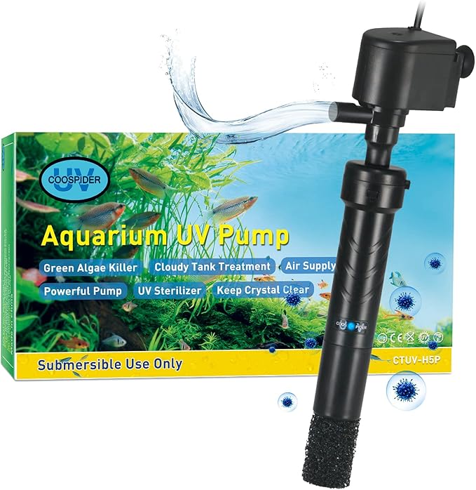 COOSPIDER Aquarium U-V Filter Green Clean Machine for 40-100 Gallon Fish Tank Crystal Clear 300GPH Submersible Water Pump Air Supply Wave Maker Green Killing-PawvioPets