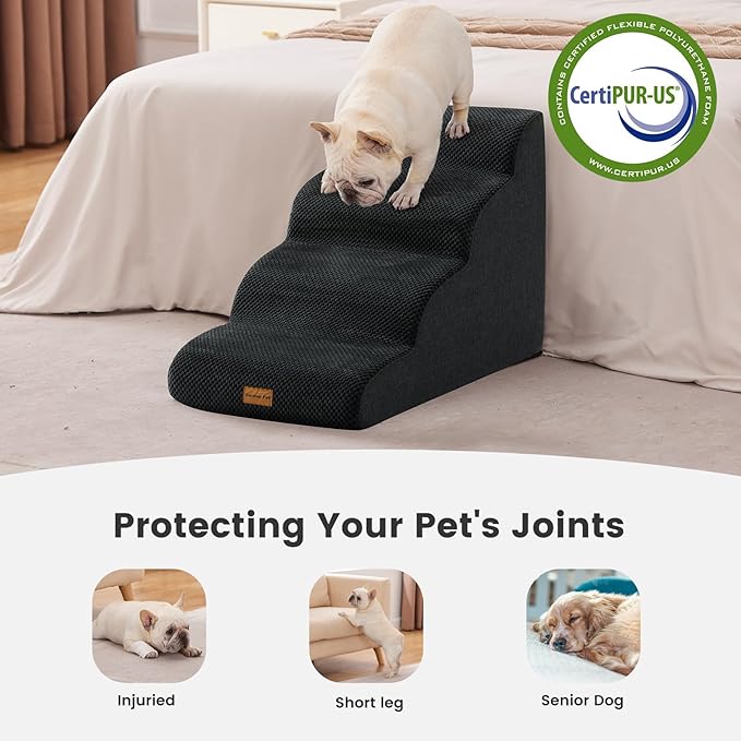 Gardner Pet Dog Stairs for Small Dogs 19.7" H, 4-Step Black Curved Pet Stairs, Dog Steps for High Bed (18-24 in), Couch with Durable Non-Slip Waterproof Fabric Cover and CertiPUR-US Certified Foam-PawvioPets