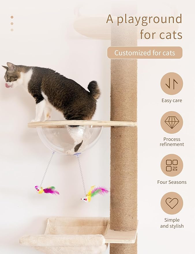 Floor-to-Ceiling Cat Tree with Natural Sisal Rope Scratching Post - Adjustable Height (55-119 Inches) - Modern Cat Activity Tree, Cat Scratcher Post-PawvioPets