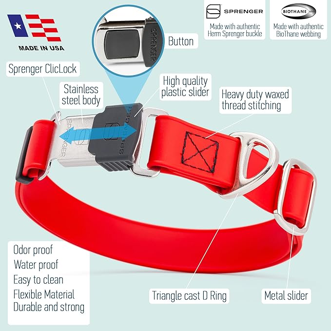 Dogline Biothane Waterproof Dog Collar with Herm Sprenger Stainless Steel Quick Release Buckle – Heavy Duty Tactical Durable Collar for Dogs – Comfortable and Safe Pet Collar, W 1" L 15-25", Red-PawvioPets