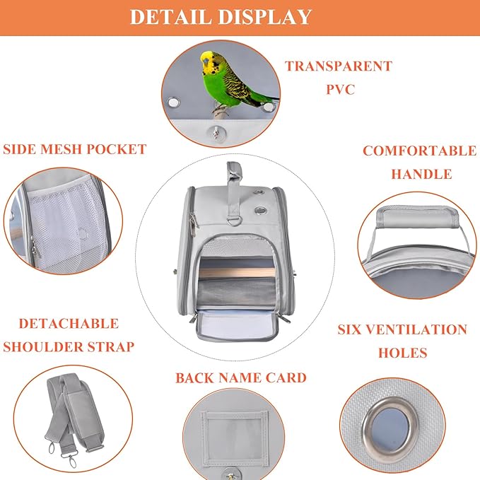 Bird Carrier Travel Cage with Stand, Small Bird Travel Carrier for Parrot with Perch, Side Access Window (Grey)-PawvioPets