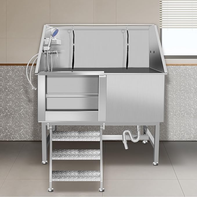 50" Pet Dog Bathing Station W/Stairs, Professional Stainless Steel Dog Grooming Tub W/Soap Box, Faucet,Rich Accessory, Dog Bathtub for Large,Medium,Small Pets, Washing Sink for Home (50" Left ramp)-PawvioPets