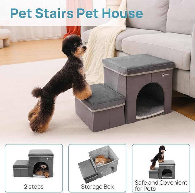 Foldable Pet Stairs for Beds & Sofas - Non-Slip Dog Steps with Storage for Small to Medium Dogs & Cats, Supports up to 120 lbs - Durable 2 & 3-Step Doggie Ladder for Easy Access-PawvioPets