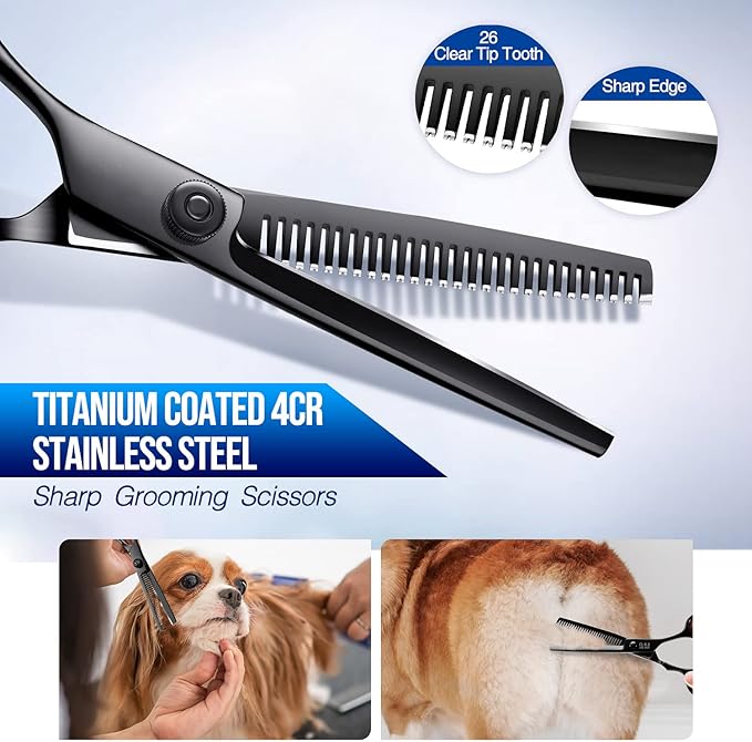 Gimars Dog Grooming Scissors Kit Professional 4CR with Safety Round Tip, 5 in 1 Heavy Duty Titanium Coated Thinning & Curved & Straight Shears-PawvioPets