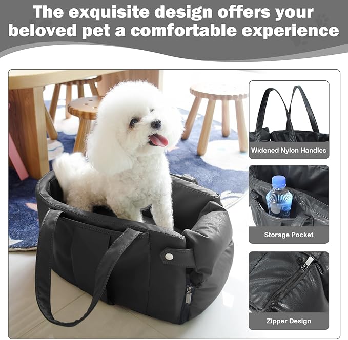 2 and 1 Center Console Dog Car Seat & Carrier for Small Dogs, Large Leather Dog Car Bed with Storage Pocket, Waterproof PVC Leather Seat Travel Bed for Front & Back Seat, Clip-On Safety Leash-PawvioPets