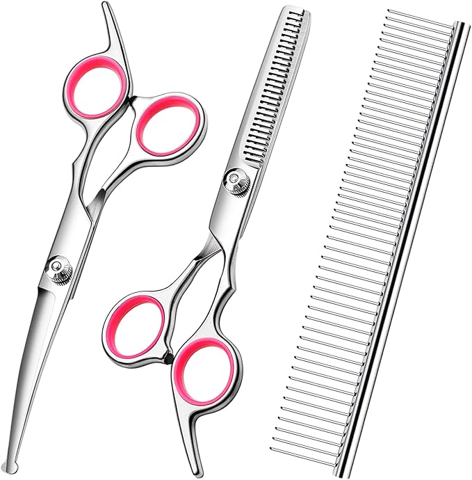 Dog Grooming Kit with Safety Round Tips Stainless Steel Professional Dog Shears Set - Thinning, Curved Scissors and Comb for Cat Pet-PawvioPets