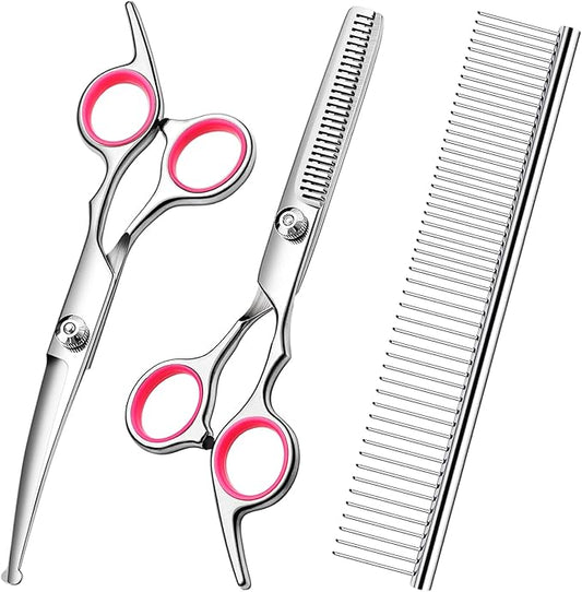 Dog Grooming Kit with Safety Round Tips Stainless Steel Professional Dog Shears Set - Thinning, Curved Scissors and Comb for Cat Pet-PawvioPets