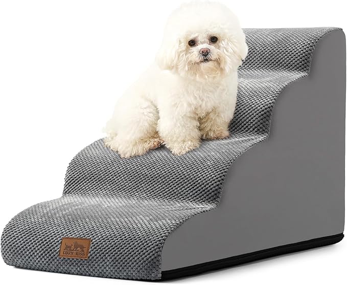 Dog Stairs for Small Dogs 19.7" H, Curved Dog Step for Puppy, Older or Cat, Medium Pet Ramp for Sofa, Couch or Bed, Ladder with High Density Foam, 15.7x28.3x19.7 inch, 4 Step, Grey-PawvioPets
