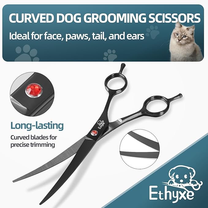 7.0" Professional Dog Grooming Scissors Kit – 3-Piece Set with Straight, Curved & Thinning Shears, Black Japanese Stainless Steel, Includes Grooming Comb for Dogs & Cats-PawvioPets