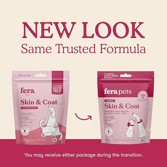 Fera Pets Goat Milk Topper - Cat & Dog Skin and Coat Supplement with Collagen, Biotin & Vitamin C - Helps Maintain Normal Skin Moisture - Promotes a Shiny Coat - for Picky Eaters - 60 TSP-PawvioPets