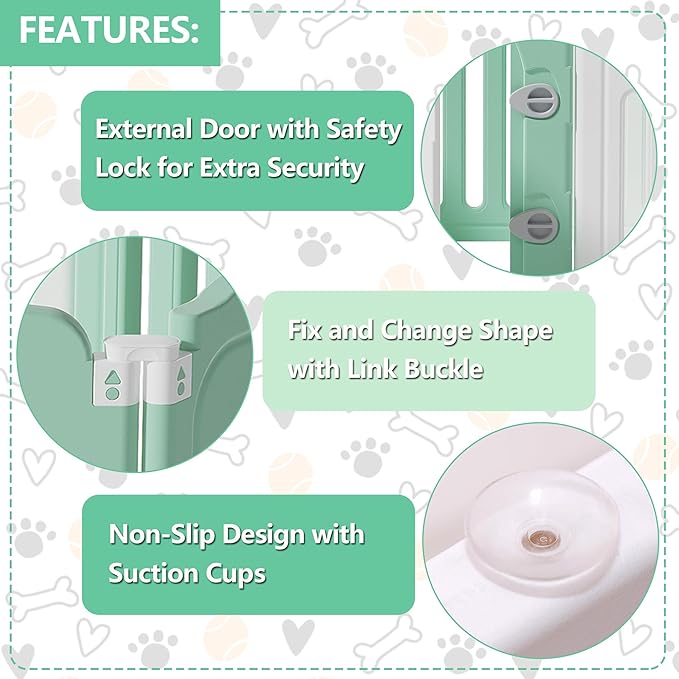 Foldable Dog Play Pen Indoors, Non-Slip Sturdy Puppy Playpen with Door, 25.5" H 10-Panel Adjustable Shape Dog Fence Pen for Small/Medium Dogs, Thickened, Easy to Store, White+Green-PawvioPets